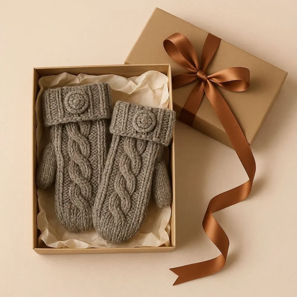 GAP Hand Knit Cable Mittens Women S/M Heather Gray Wool Blend Winter Gloves